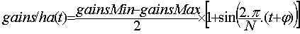 Gains/ha(t) = (gainsMax &ndash; gainsMin)/2 x (1 + sin(2.&pi;/N . (t + &phi;)))